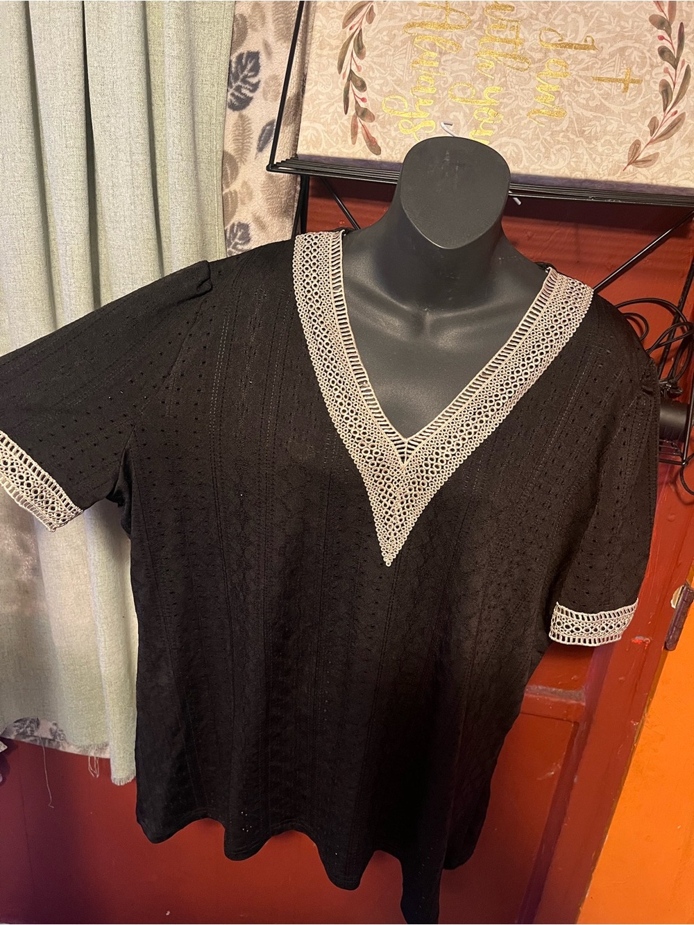Black V-Neck Tunic Top with Cream Crochet Trim